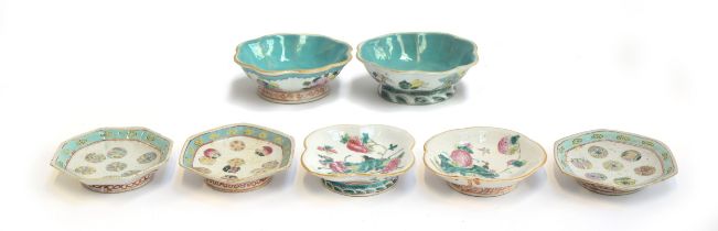 A collection of seven late 19th/early 20th century Chinese porcelain footed bowls, two of lobed