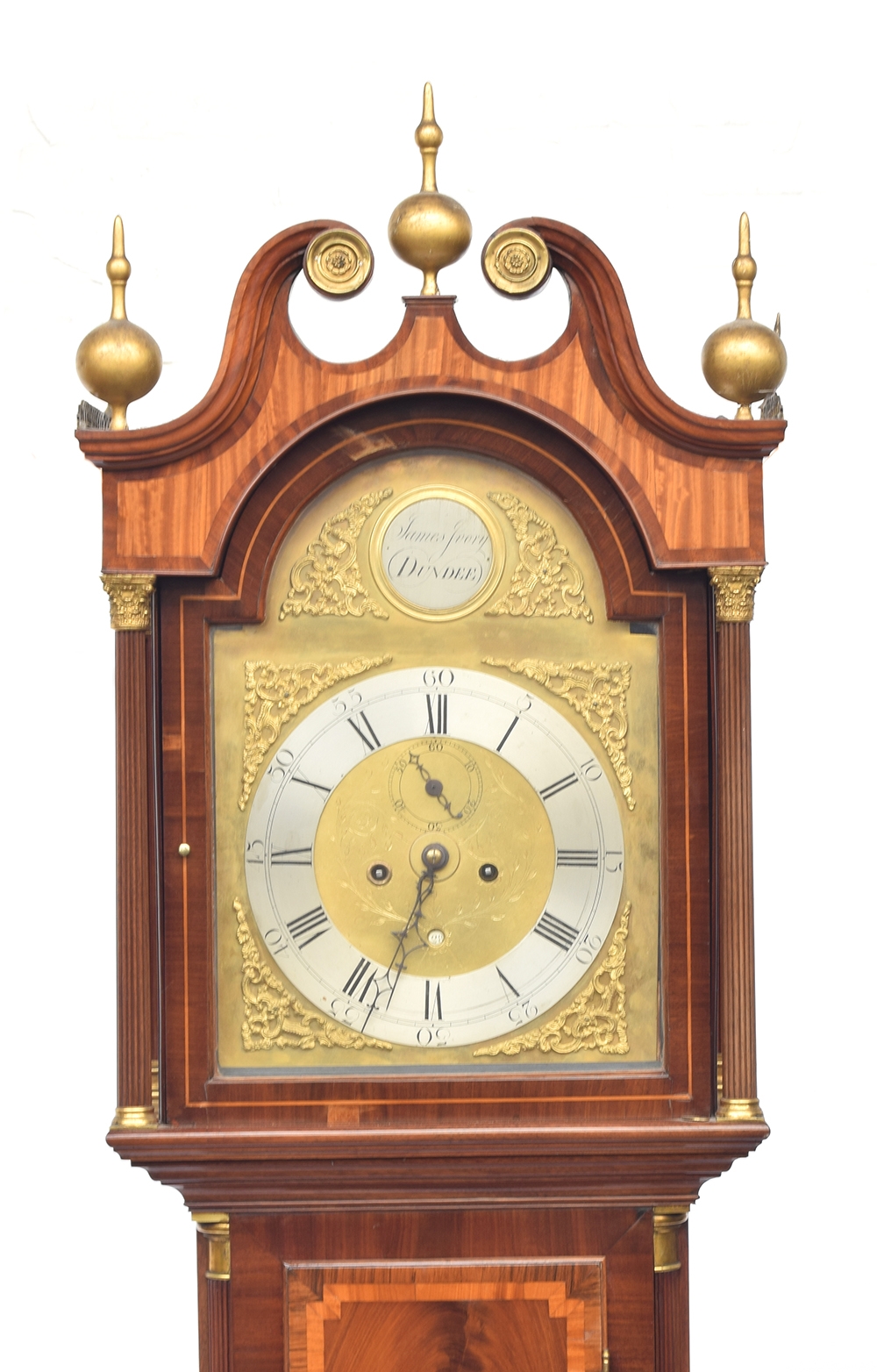 A George III mahogany long cased clock with swan neck pediment and three balled finials, over a - Image 3 of 3