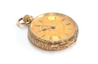 An 18ct gold ladies fob watch, blued Roman numerals, florally engraved case, 35mm diameter, gross