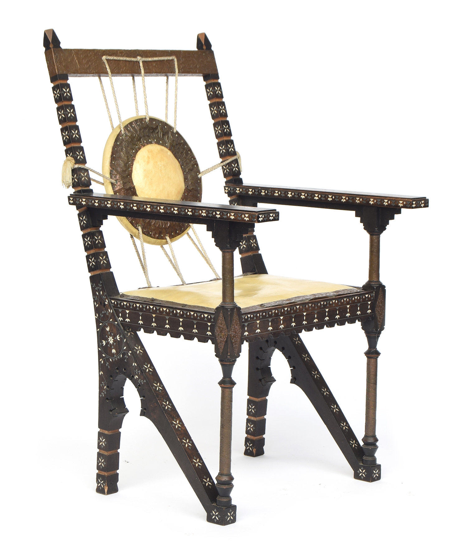 Carlo Bugatti (1856-1940), an ebonised elbow chair, inlaid alla certosina work, the straight arms - Image 4 of 5