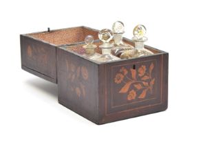 A 19th century mahogany and marquetry four bottle decanter box, with key and papered interior, the