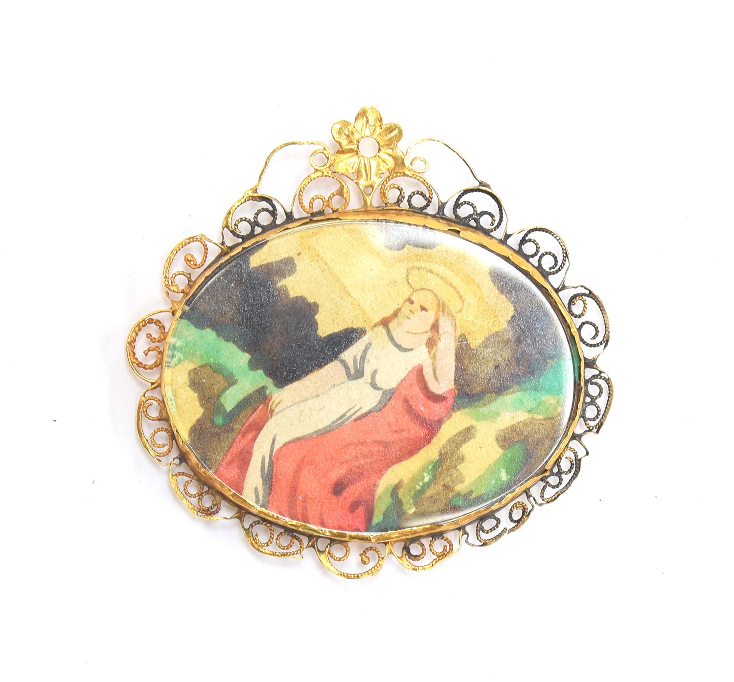 An early 18th century Spanish gold filigree mounted devotional pendant, one side a verre eglomise - Image 3 of 3