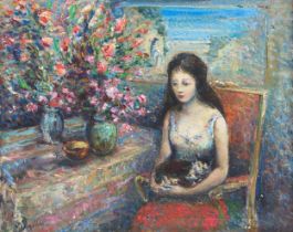 Michael D'Aguilar (British, 1922-2011), oil on canvas, 'Le Rêve', a girl with cat and flowers,