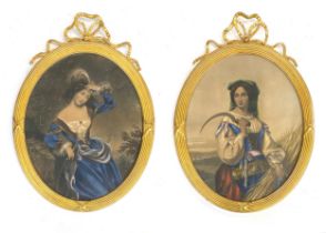 A pair of hand coloured 19th century engravings of beautiful ladies, in reeded gilt oval frames with