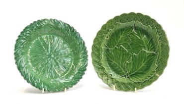 Two late 18th century green glazed leaf dishes, one marked W(***), 22cm diameter, the other marked