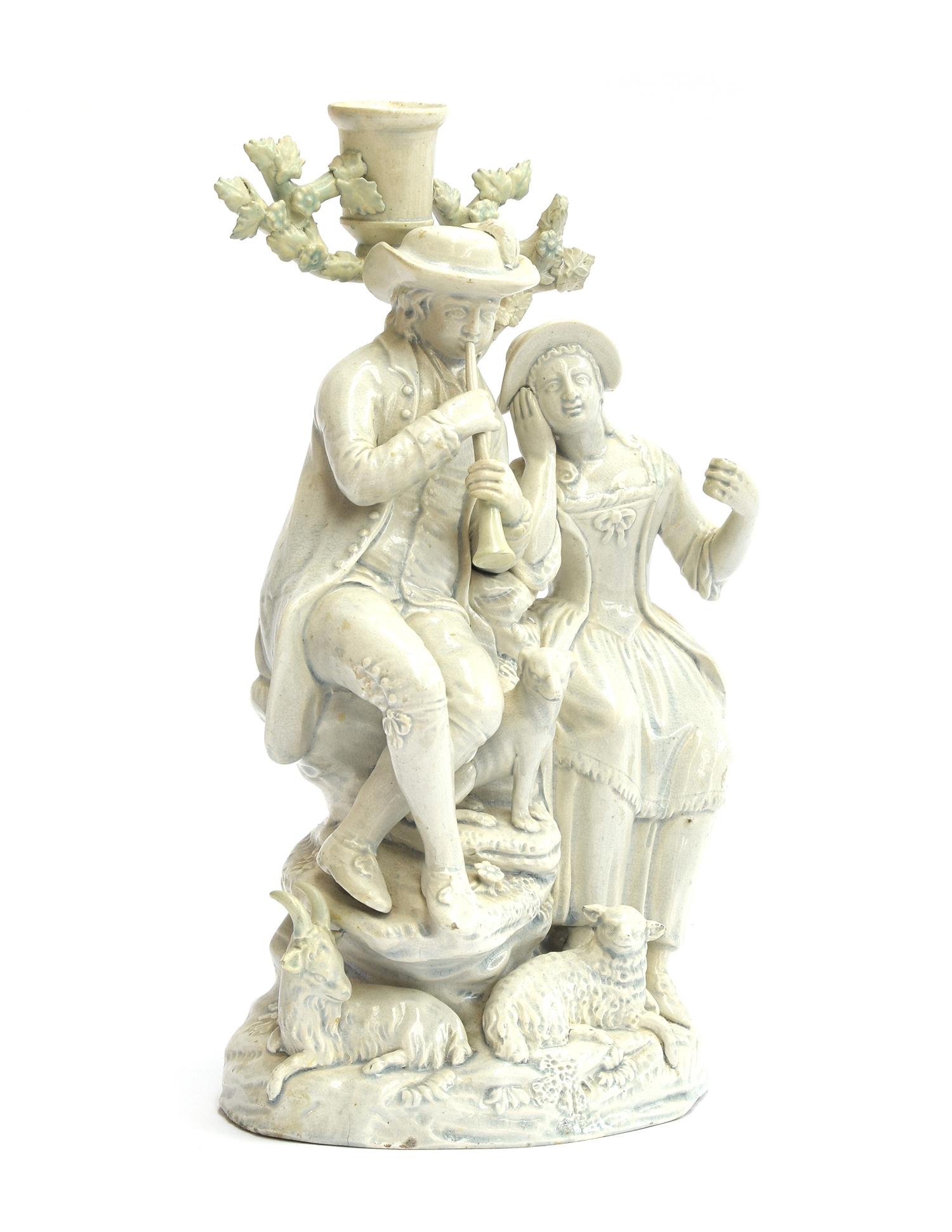 A late 18th century Staffordshire figure group designed by Ralph Wood, a piping shepherd with his - Image 2 of 7