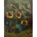 20th century still life of sunflowers, oil on canvas, signed Is. Leyssers and dated '51, 118x91cm