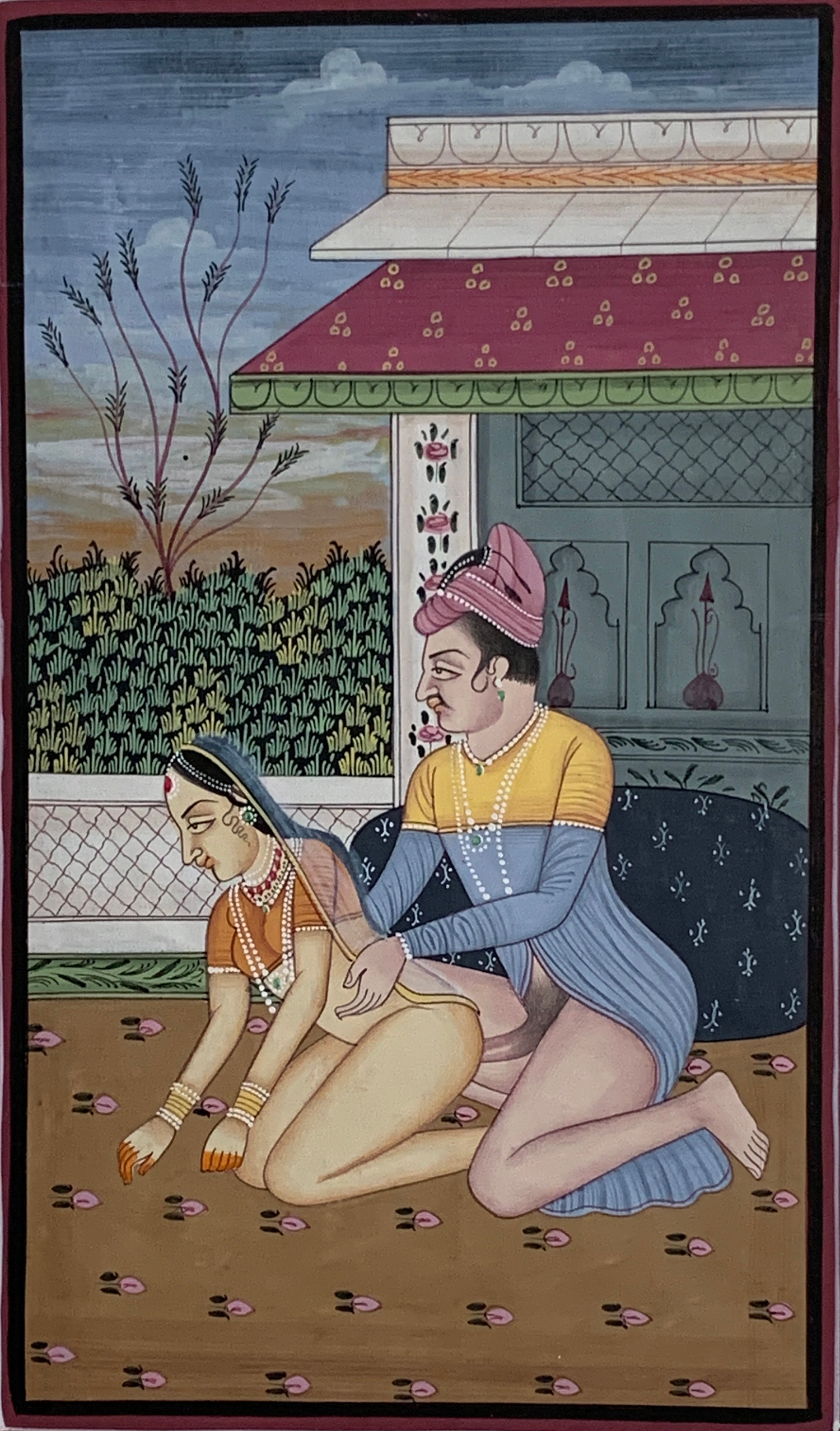 Three 19th century Indian gouache on paper erotic scenes, the largest 21x13cm - Image 4 of 4