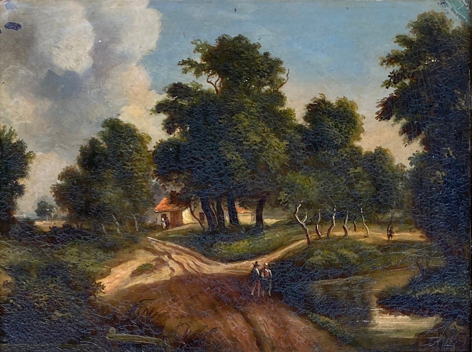 19th century oil on copper, two figures on a country lane, with cottage in background, 16x21cm - Image 3 of 3