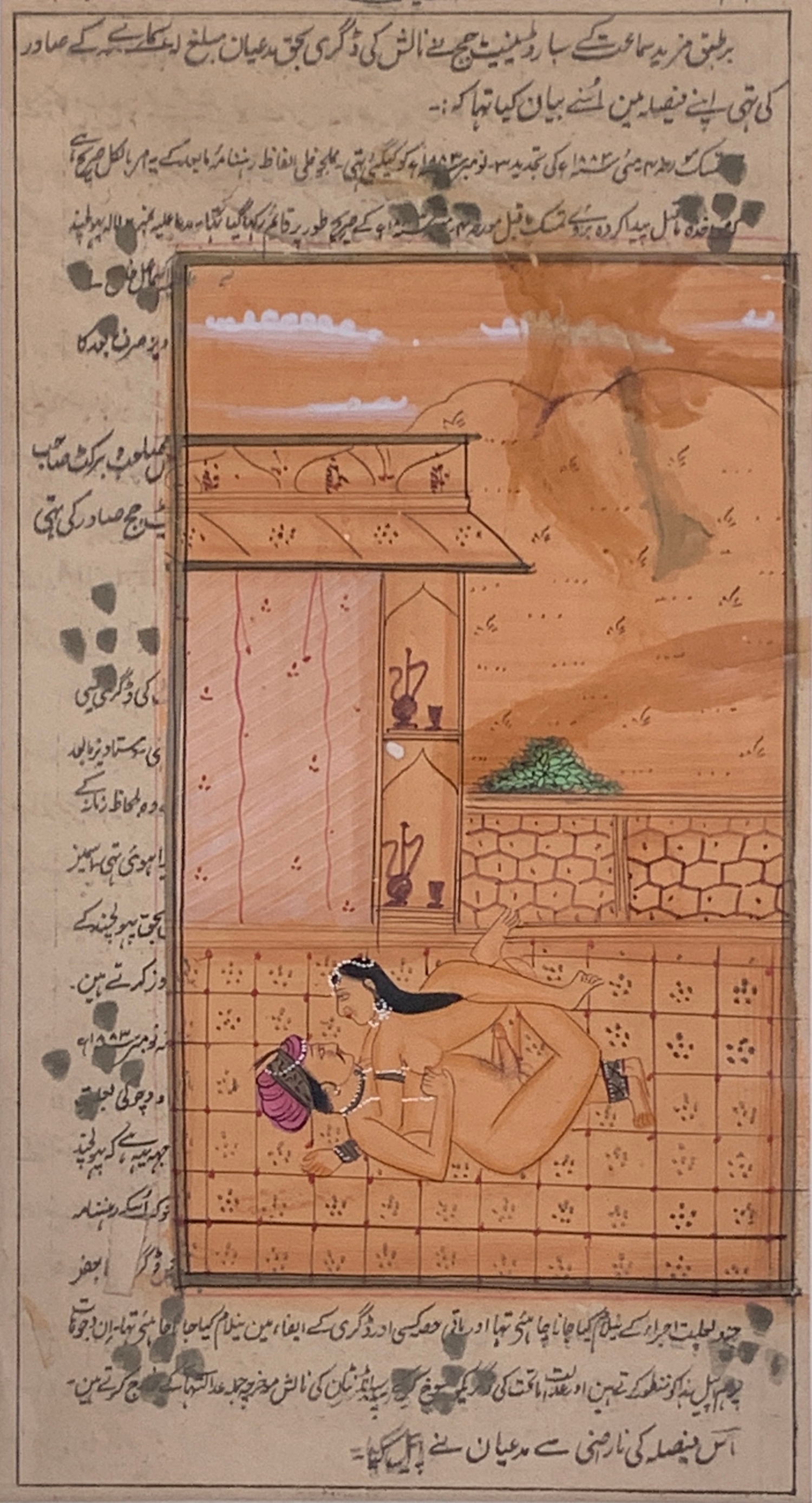 A pair of framed late 18th/early 19th century Indian gouache on paper erotic scenes, 19x8cm and 20. - Image 3 of 3