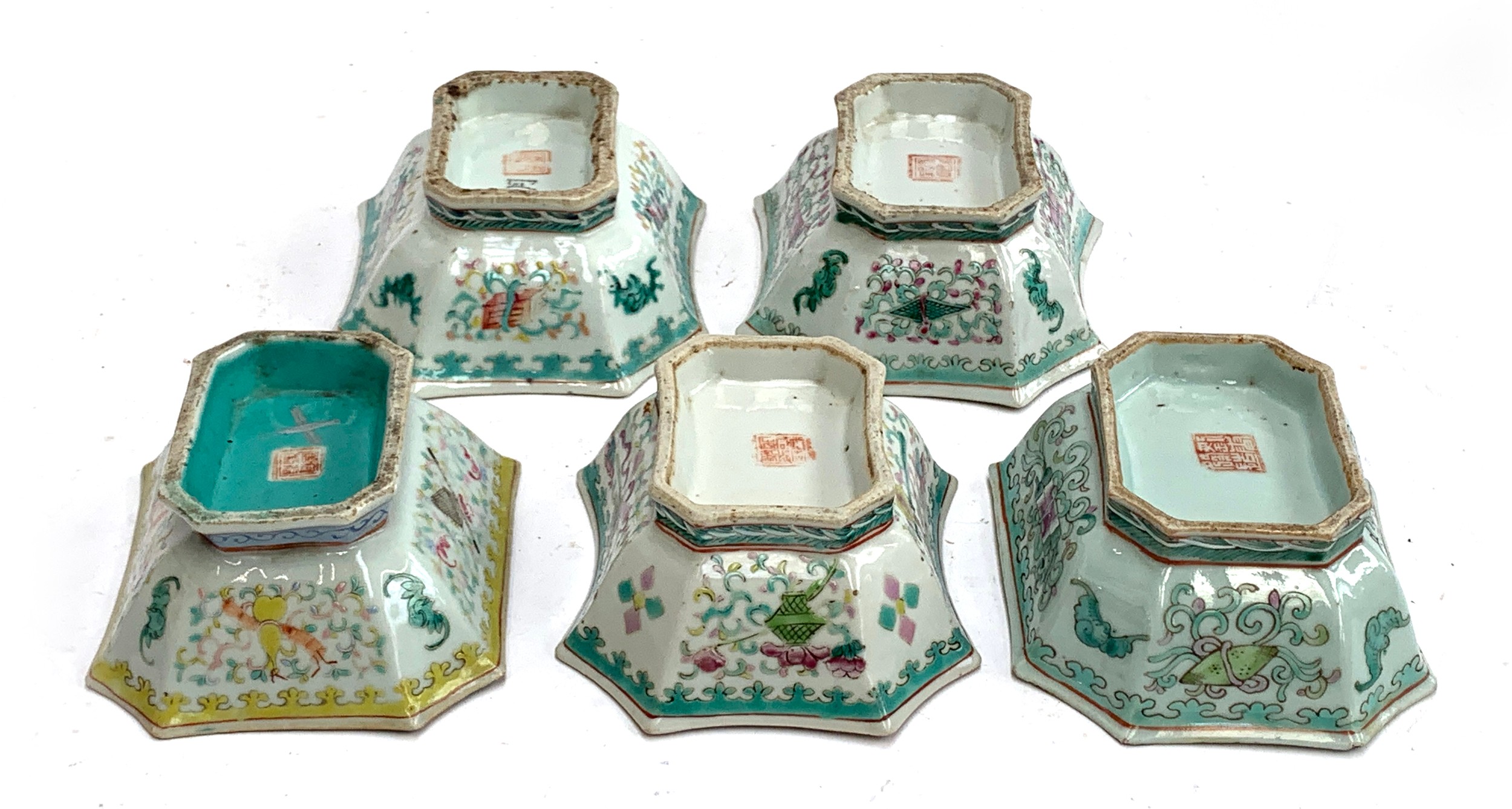 Five late 19th/early 20th century Chinese famille rose octagonal footed bowls, polychrome decoration - Image 4 of 11