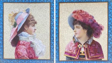 Leconte, a pair of c.1900 portraits of ladies, paintings on porcelain plaques, signed, 40x34cm