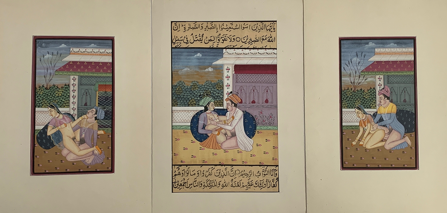 Three 19th century Indian gouache on paper erotic scenes, the largest 21x13cm