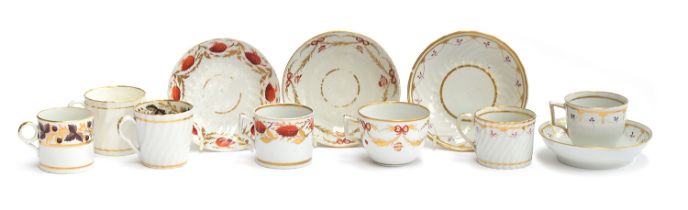Four late 18th century porcelain teacups and matching saucers, together with three further cups, two