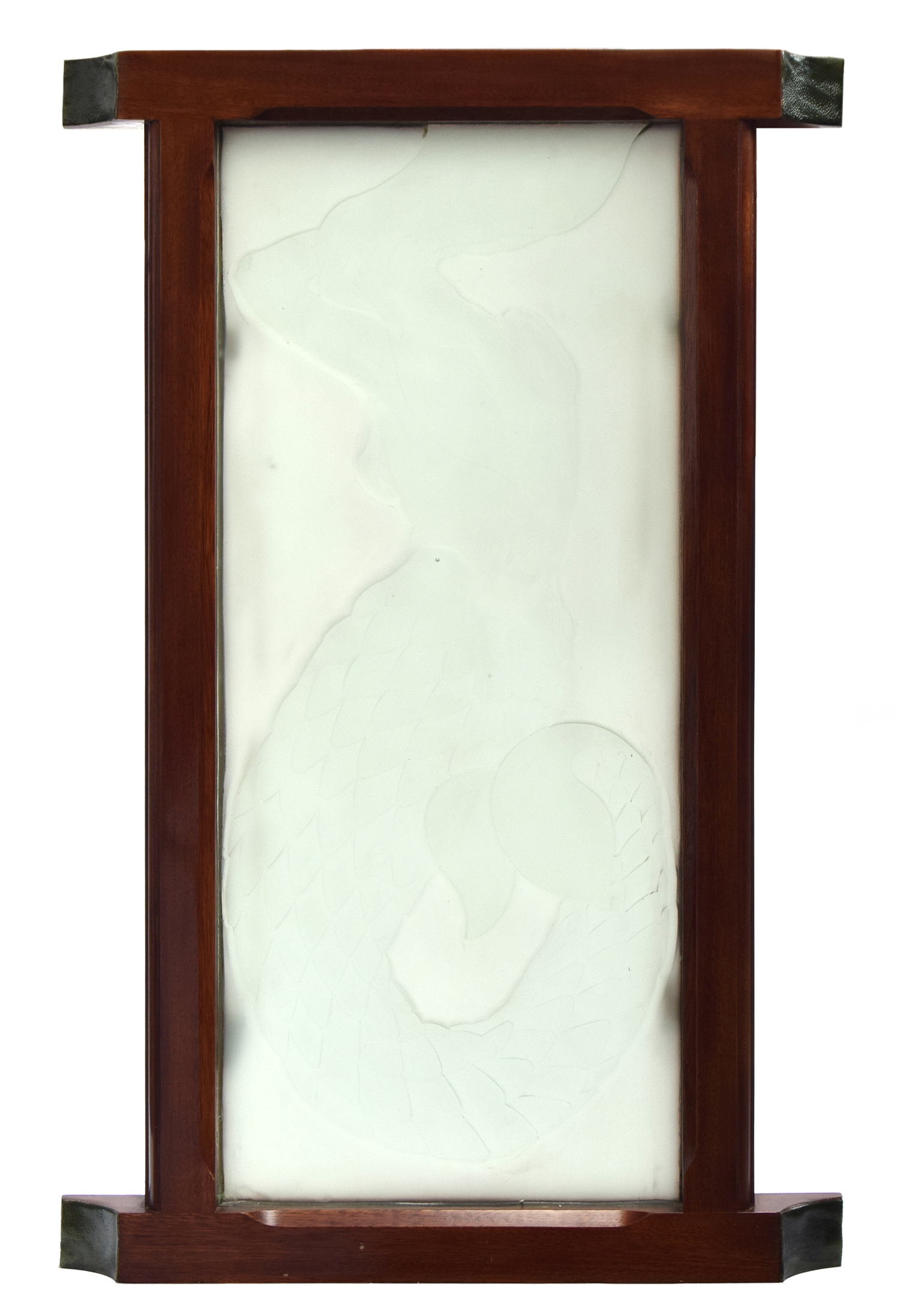 An Art Deco style rectangular frosted glass panel, etched with a mermaid modelled from three quarter