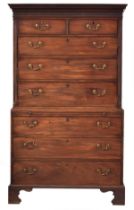 An early 19th century mahogany chest on chest, dentil cornice above two short over three long