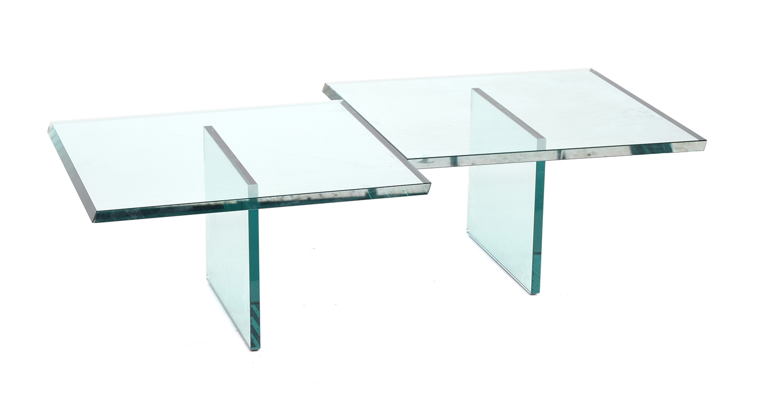 A 20th century glass coffee table by Roche Bobois, formed as two offset squares, 120cm long, 88cm