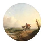19th century English school, figures on a horse and cart, oil on canvas, in a circular mount, 49cm