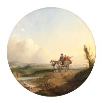 19th century English school, figures on a horse and cart, oil on canvas, in a circular mount, 49cm