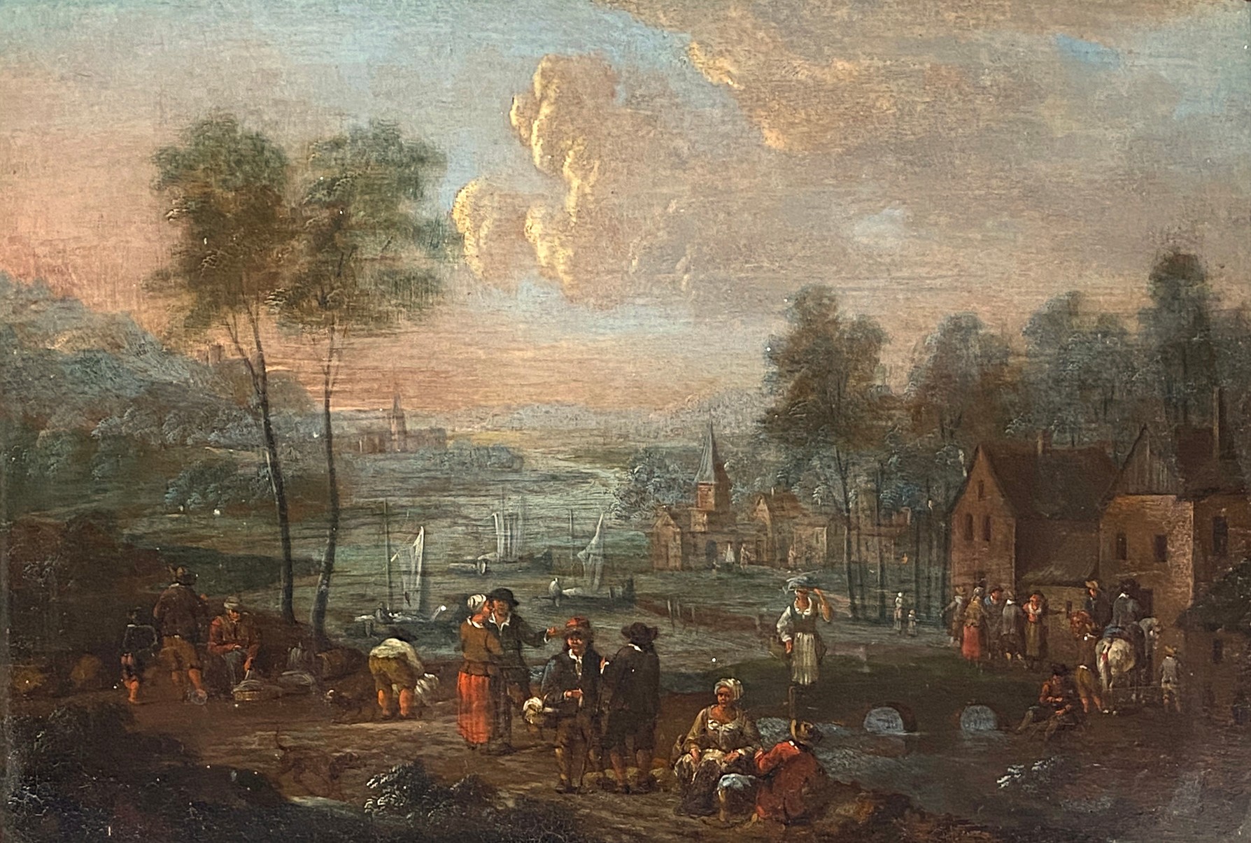 18th century Flemish school, village landscape on the banks of a river, oil on panel, 20x29cm