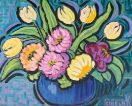 20th century oil on board, still life of tulips and zinnia, signed Cibela K lower right, 44x55cm