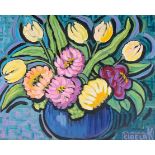 20th century oil on board, still life of tulips and zinnia, signed Cibela K lower right, 44x55cm