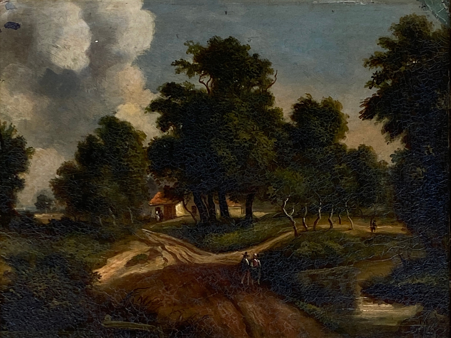 19th century oil on copper, two figures on a country lane, with cottage in background, 16x21cm