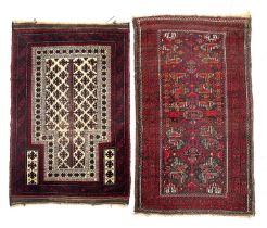 A West Persian prayer mat, 140x90cm; together with a further red ground Persian rug, 150x88cm