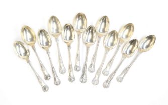 A set of twelve silver King's Pattern dessert spoons by Viner's, Sheffield 1959 and 1962, 23ozt