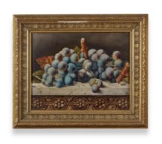 20th century oil on panel, still life of grapes on a marble ledge, signed with monogram and dated '