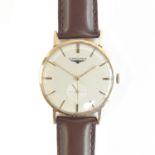 A Longines 9ct gold manual wind gent's watch, the dial with baton hour markers and double