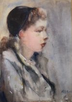 Reginald Grenville Eves RA (1876-1941), watercolour portrait of a girl in a blue hat, signed lower