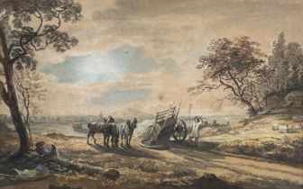 Paul Sandby RA (1731-1809), the upturned cart, watercolour, 29x46cm Inscribed to verso 'from Sir