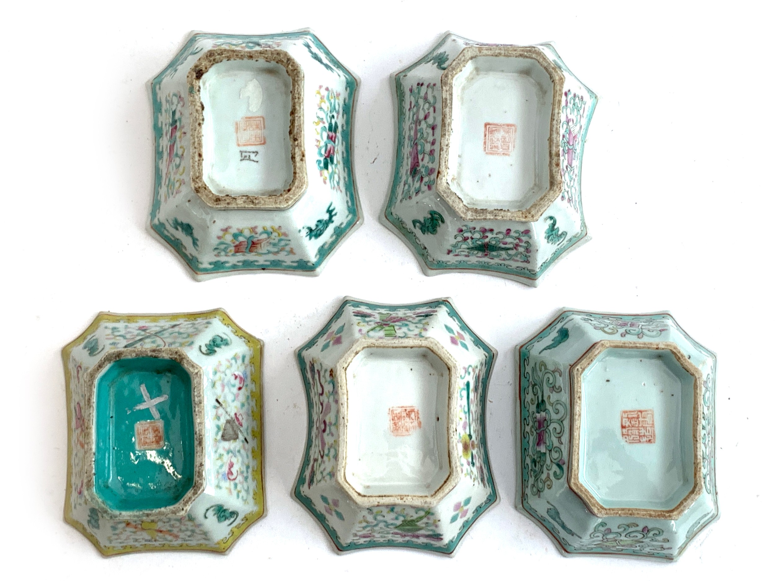 Five late 19th/early 20th century Chinese famille rose octagonal footed bowls, polychrome decoration - Image 3 of 11