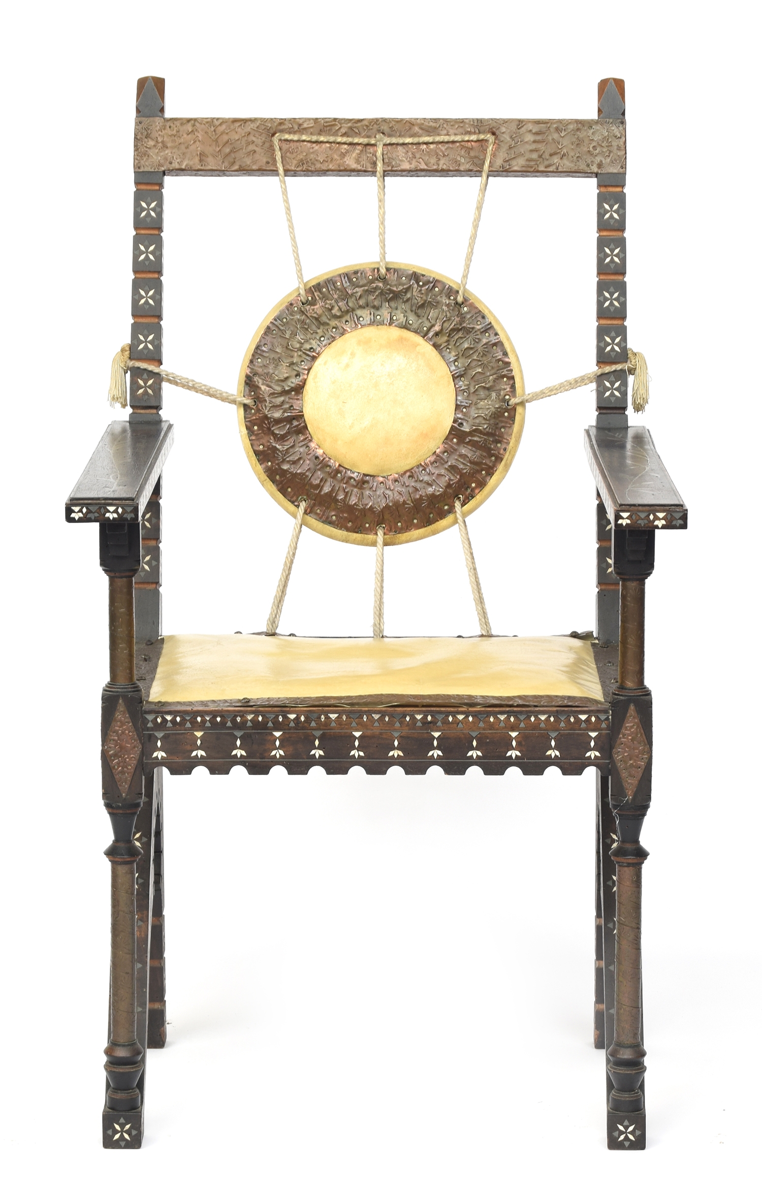 Carlo Bugatti (1856-1940), an ebonised elbow chair, inlaid alla certosina work, the straight arms