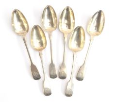 A set of six crested fiddle pattern dessert spoons by William Theobalds & Robert Metcalfe