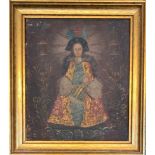 20th century Cuzco school oil on canvas, The Virgin and Child, 19.5x16.5cm