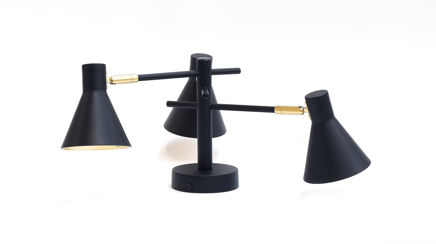 A pair of Franklite 'Skoop' black satin and brass three arm ceiling lights