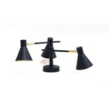 A pair of Franklite 'Skoop' black satin and brass three arm ceiling lights