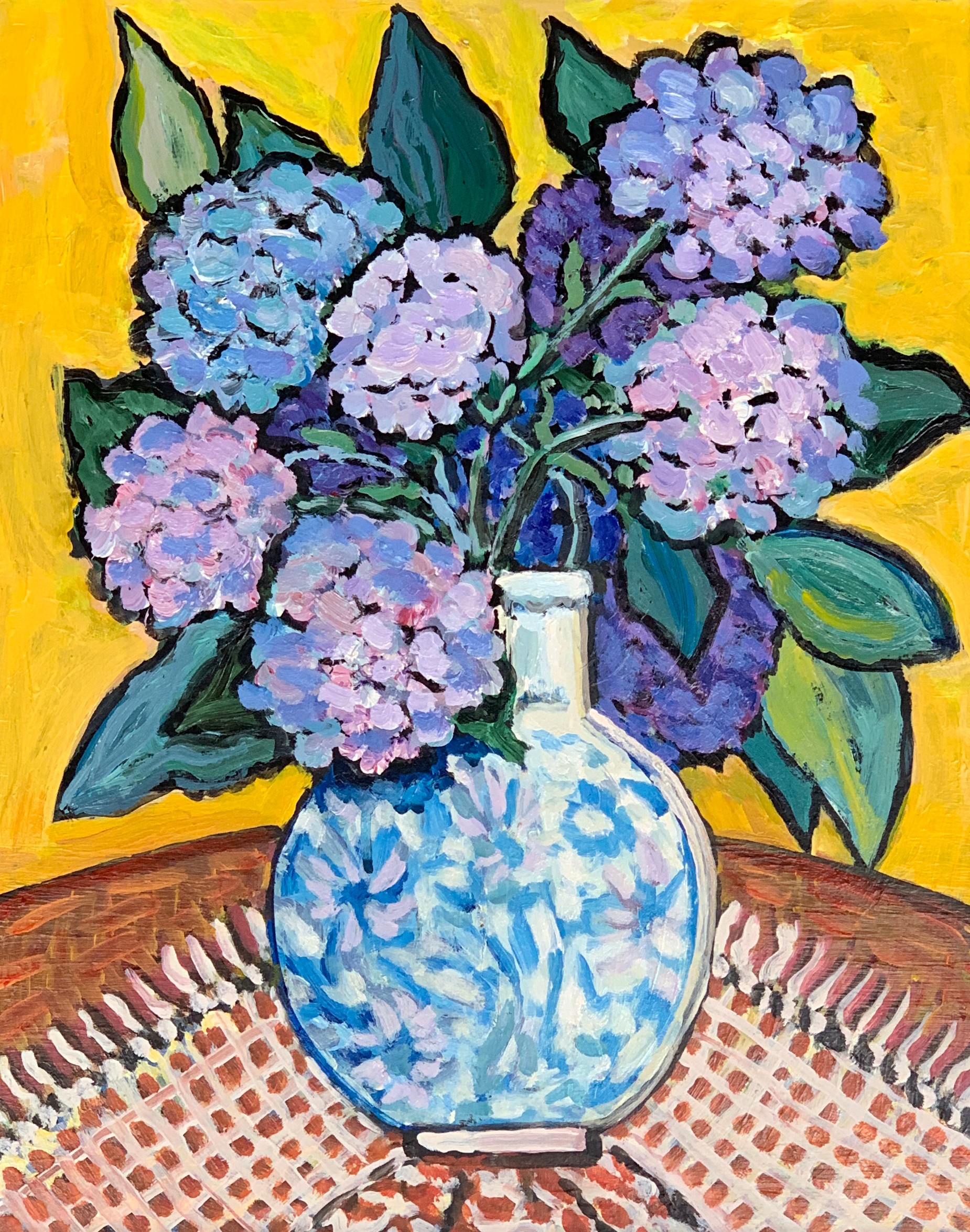 20th century oil on board, still life of blue hydrangeas in vase, 49.5x39.5cm