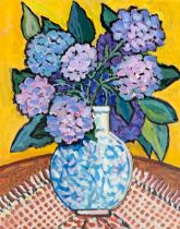 20th century oil on board, still life of blue hydrangeas in vase, 49.5x39.5cm