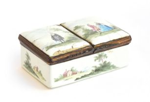 A late 18th century enamel double sided snuff box c.1780 (af), the two compartment lids painted with