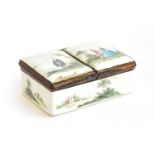 A late 18th century enamel double sided snuff box c.1780 (af), the two compartment lids painted with