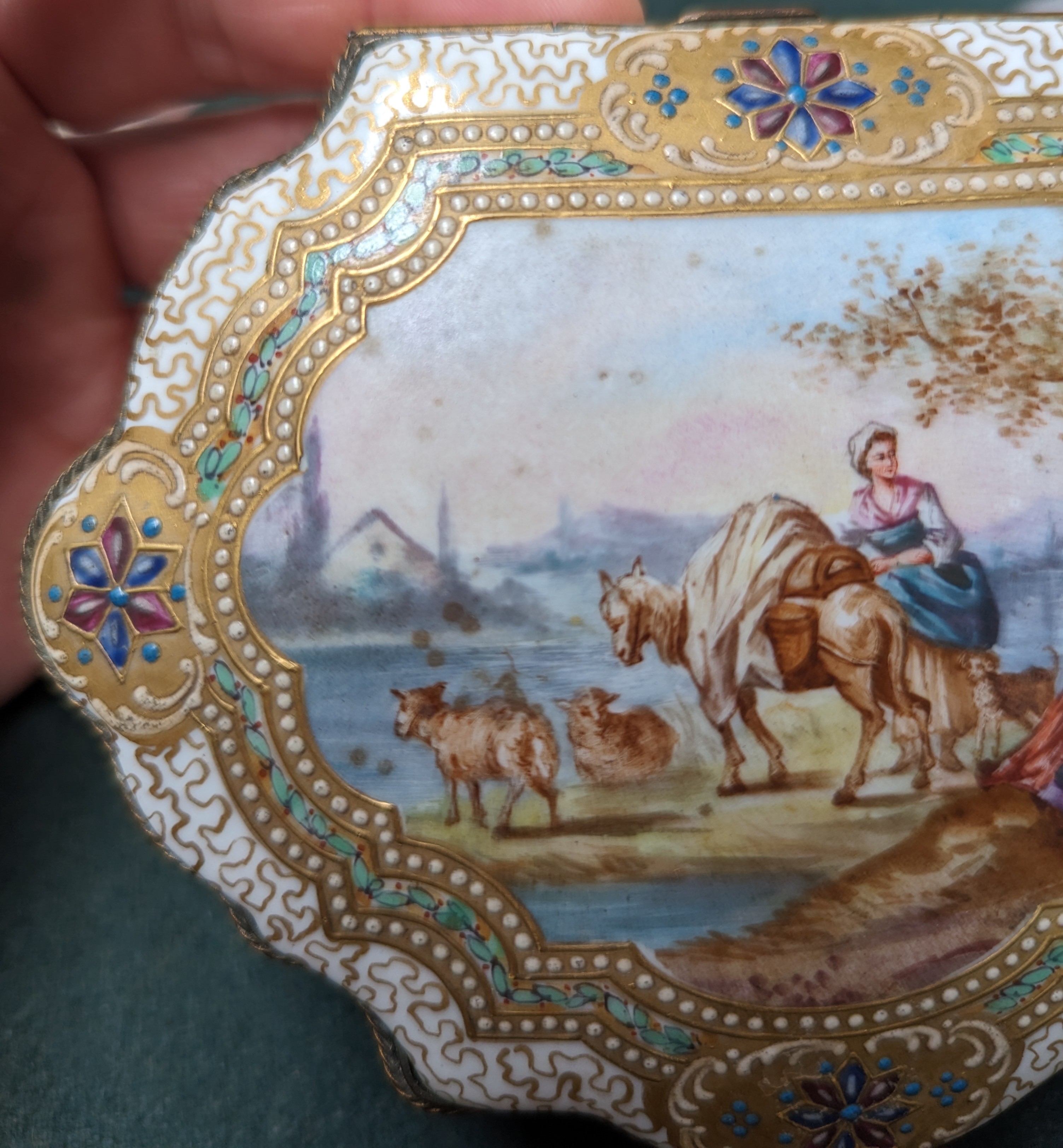 A 19th century gilt metal mounted porcelain box, hand painted with pastoral scenes and heightened in - Image 11 of 11
