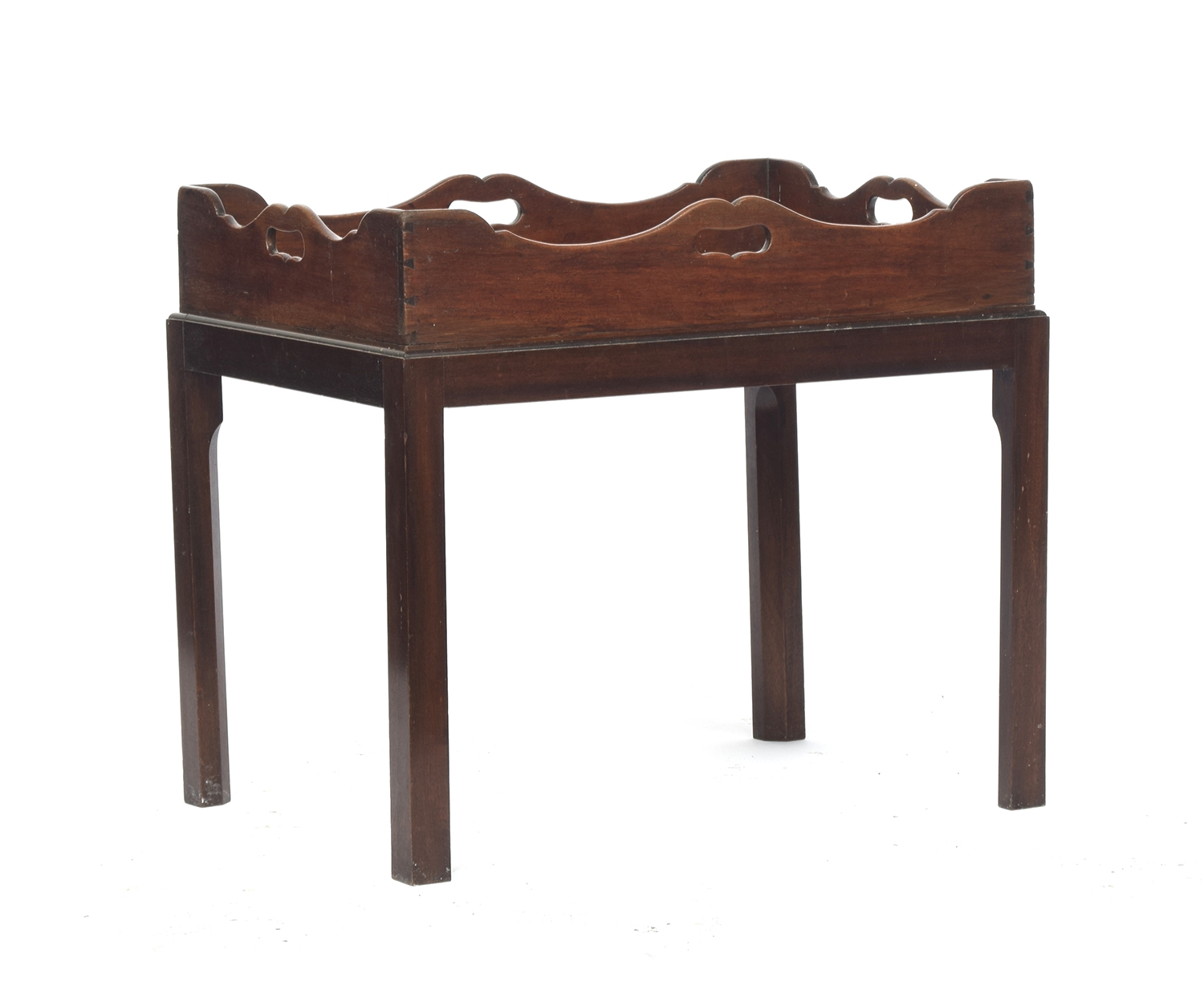 A 19th century mahogany butler's tray, shaped gallery with handle cutouts on all sides, on a later - Image 2 of 2