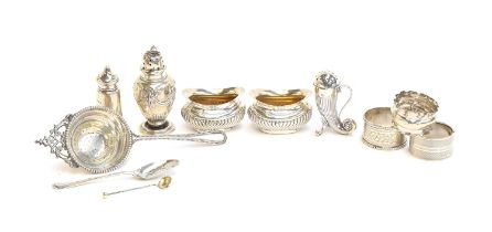 A small mixed lot of silver, comprising: a pair of gadrooned salts by Mitchell Bosley & Co,