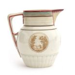A late 18th century Pearlware jug, decorated with transfer scenes of a shooting man and a cottage,