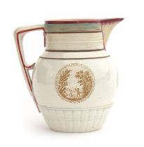 A late 18th century Pearlware jug, decorated with transfer scenes of a shooting man and a cottage,