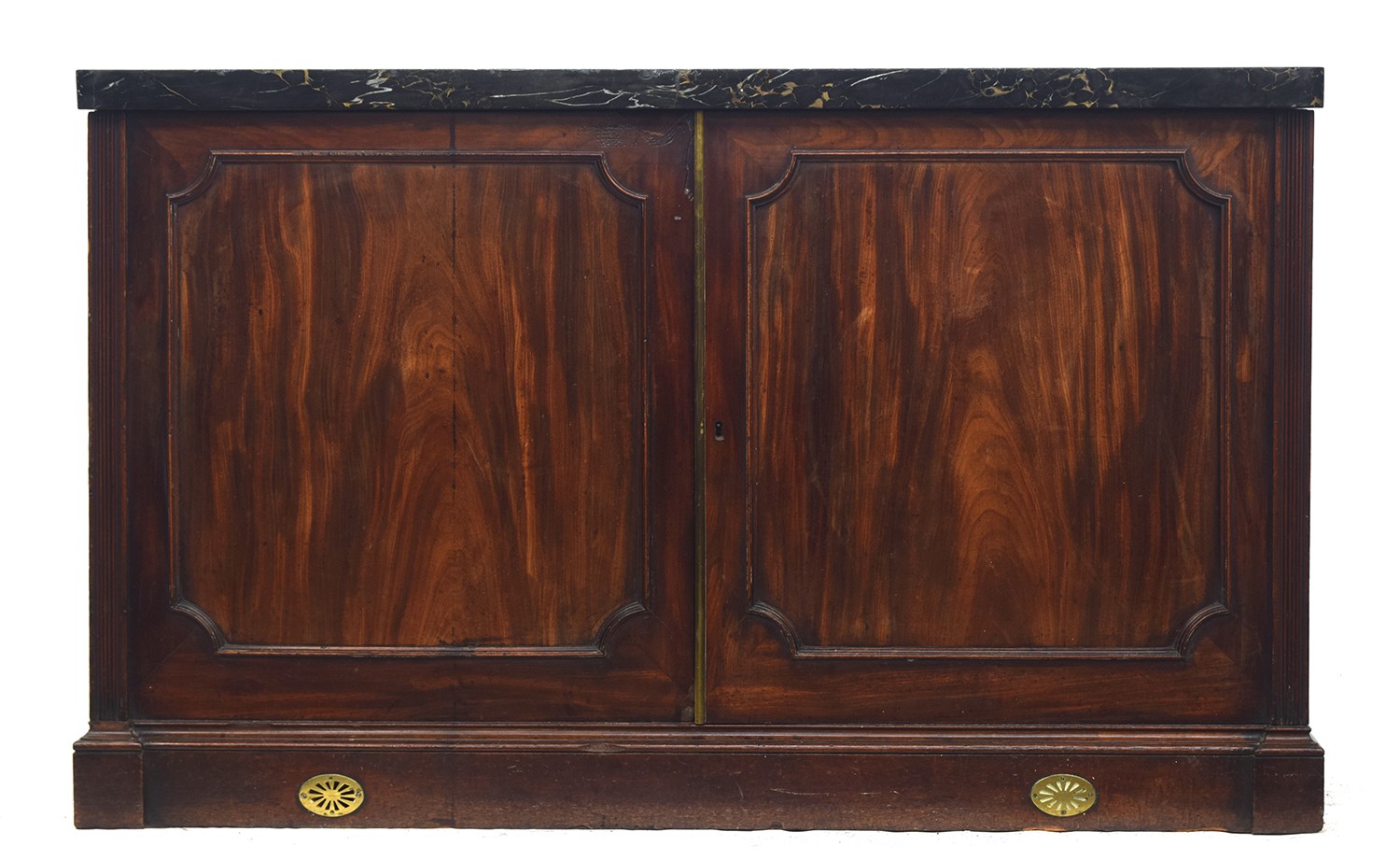 A late 18th century sideboard or credenza, the thick marble top over two panelled doors, opening