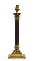 A brass Corinthian column table lamp with shade, 38cm high to base of fitting, 66cm high including